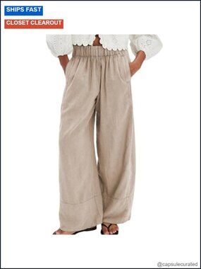 Wide Leg Linen Blend Palazzo Pants with Pockets Elastic Waist